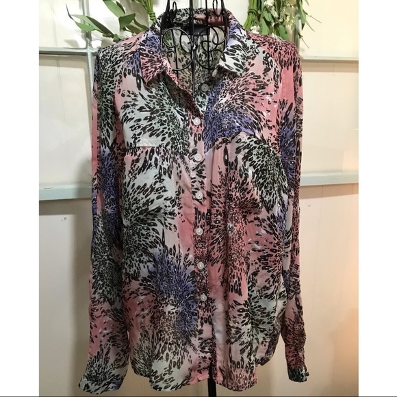 Jeans By Buffalo Animal Print Bursts Sheer Button Down Blouse - Picture 1 of 3